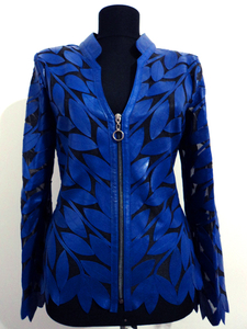 Blue Women's Leather Jacket Leaf Design 12 Genuine Lambskin Zip Short Soft Real Skin Lightweight Handmade Meshed for Women