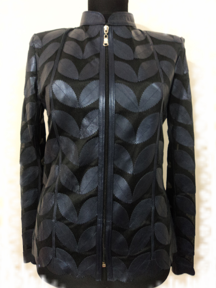 Navy Blue Leather Leaf Jacket for Women [ Design 01 ]