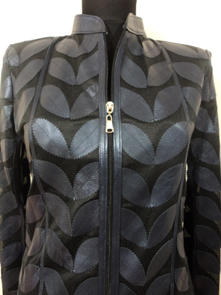 Plus Size Navy Blue Leather Leaf Jacket for Women [ Design 01 ]